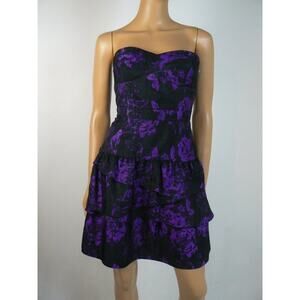 $168 Ali Ro Black Purple Floral Sateen Tiered Sweetheart Dress 6 NEW A866